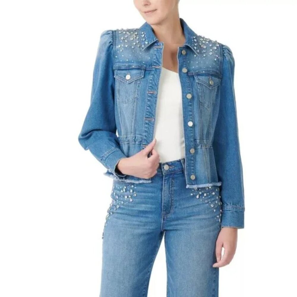 Badgley Mischka Tunnel Waist Jean Jeweled Jacket - Wash: Blue Gardner Size: XL